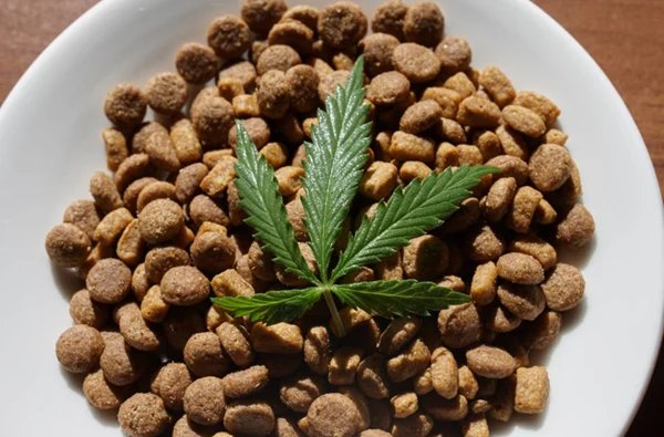 cbd et croquettes pour chien dans une gamelle